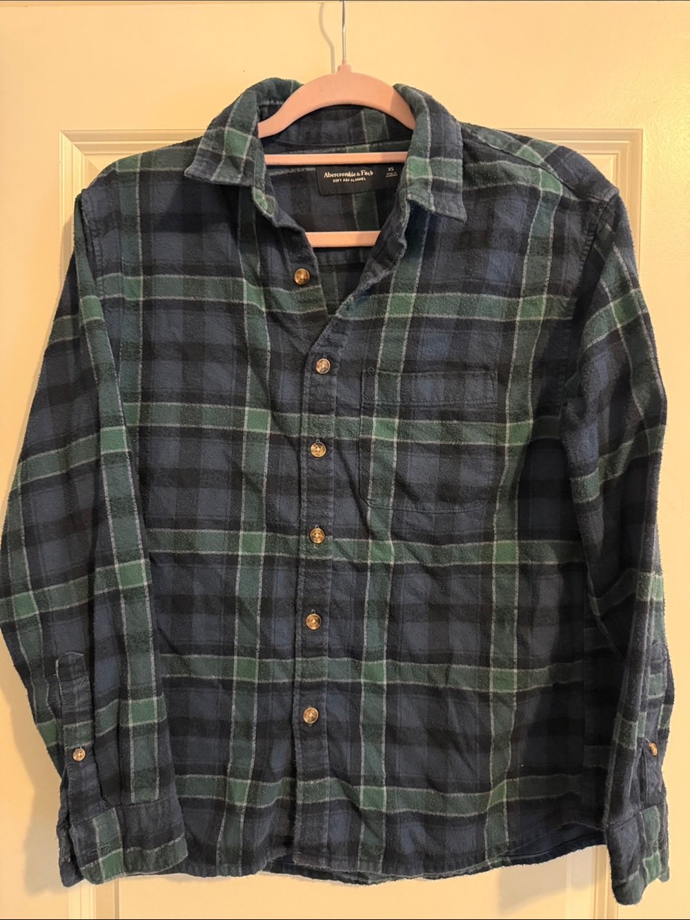 Abercrombie & Fitch Navy and Green Plaid Button-Up Flannel Shirt
